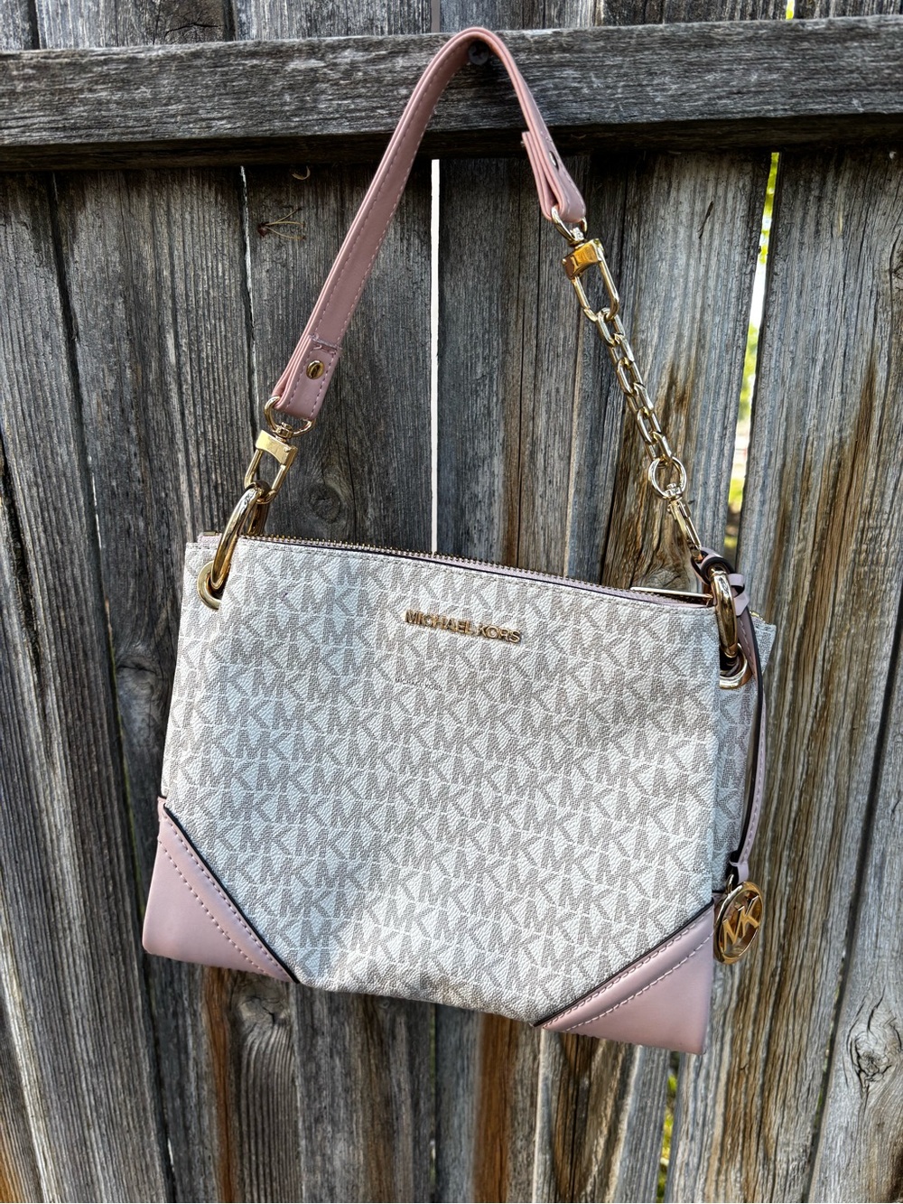 Michael Kors Beige MK Logo Shoulder Bag with Pink Trim